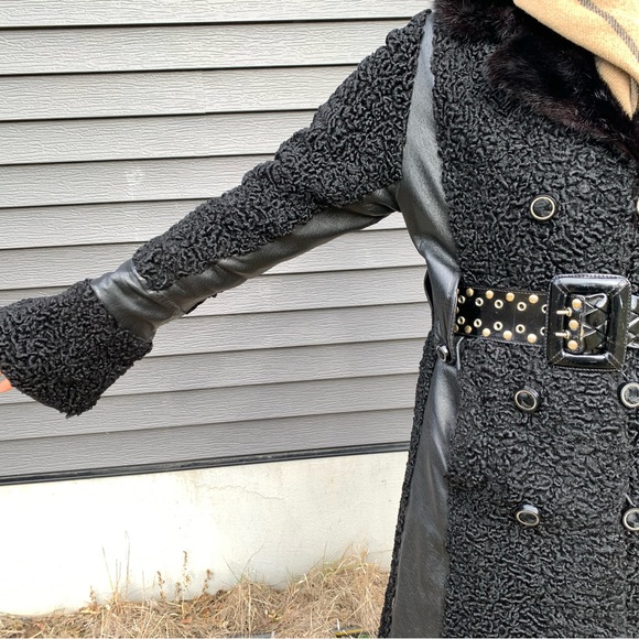 Vintage, Black Double-Breasted Persian Lamb Coat w/ Mink Collar&leather detail. - Picture 8 of 13